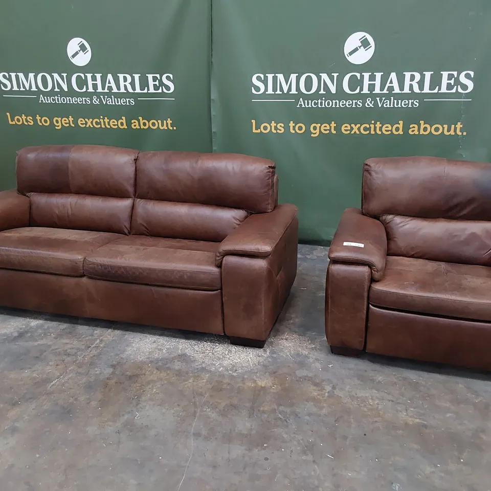 QUALITY ITALIAN DESIGNER LOUNGE SUITE, COMPRISING FIXED THREE SEATER SOFA & POWER RECLINING EASY CHAIR DISTRESSED CHESTNUT LEATHER 