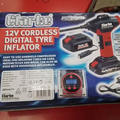 BOXED CLARKE 12V CORDLESS DIGITAL TYRE INFLATOR 