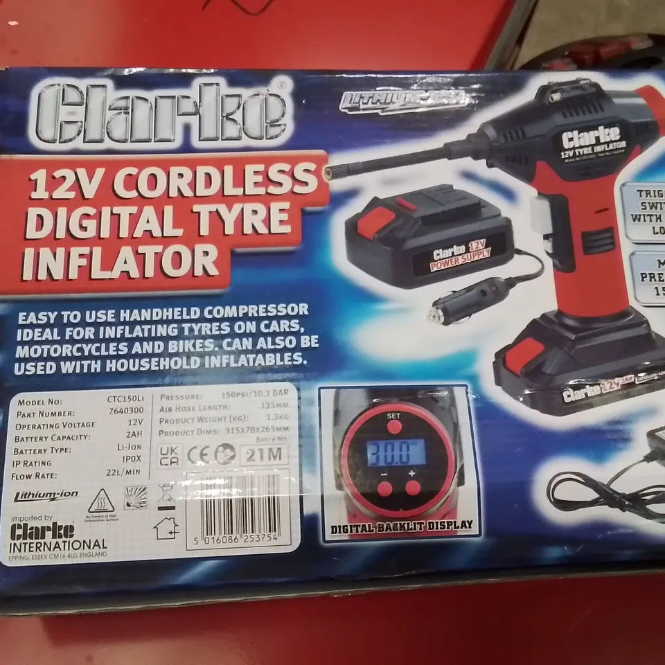 BOXED CLARKE 12V CORDLESS DIGITAL TYRE INFLATOR 