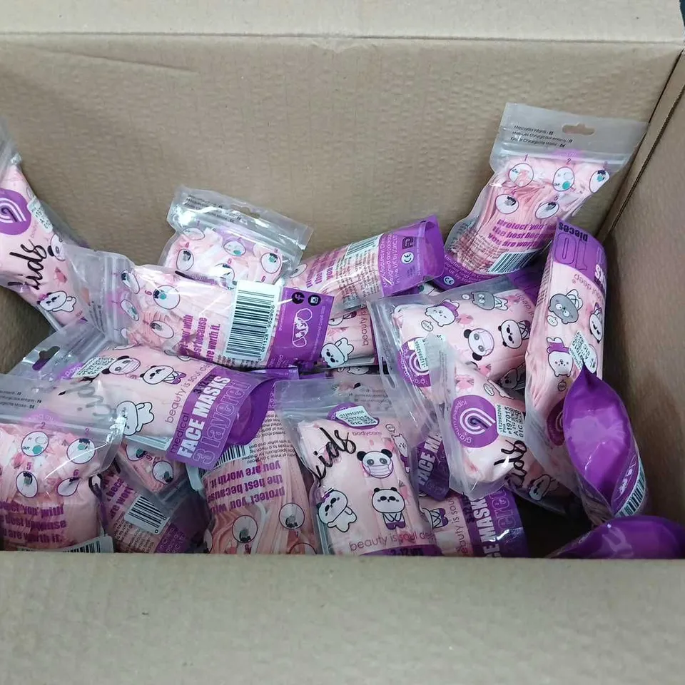 BOX OF APPROXIMATELY 10 PACKS OF KIDS MEDICAL 3 LAYERED FACE MASKS - PINK ANIMALS - 10 MASKS PER PACK