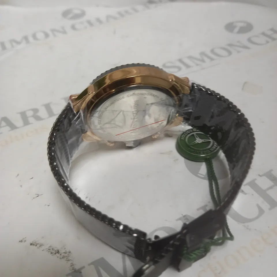 BOXED MANN EGERTON MAGNITUDE BLACK DIAL MESH STRAP WATCH 