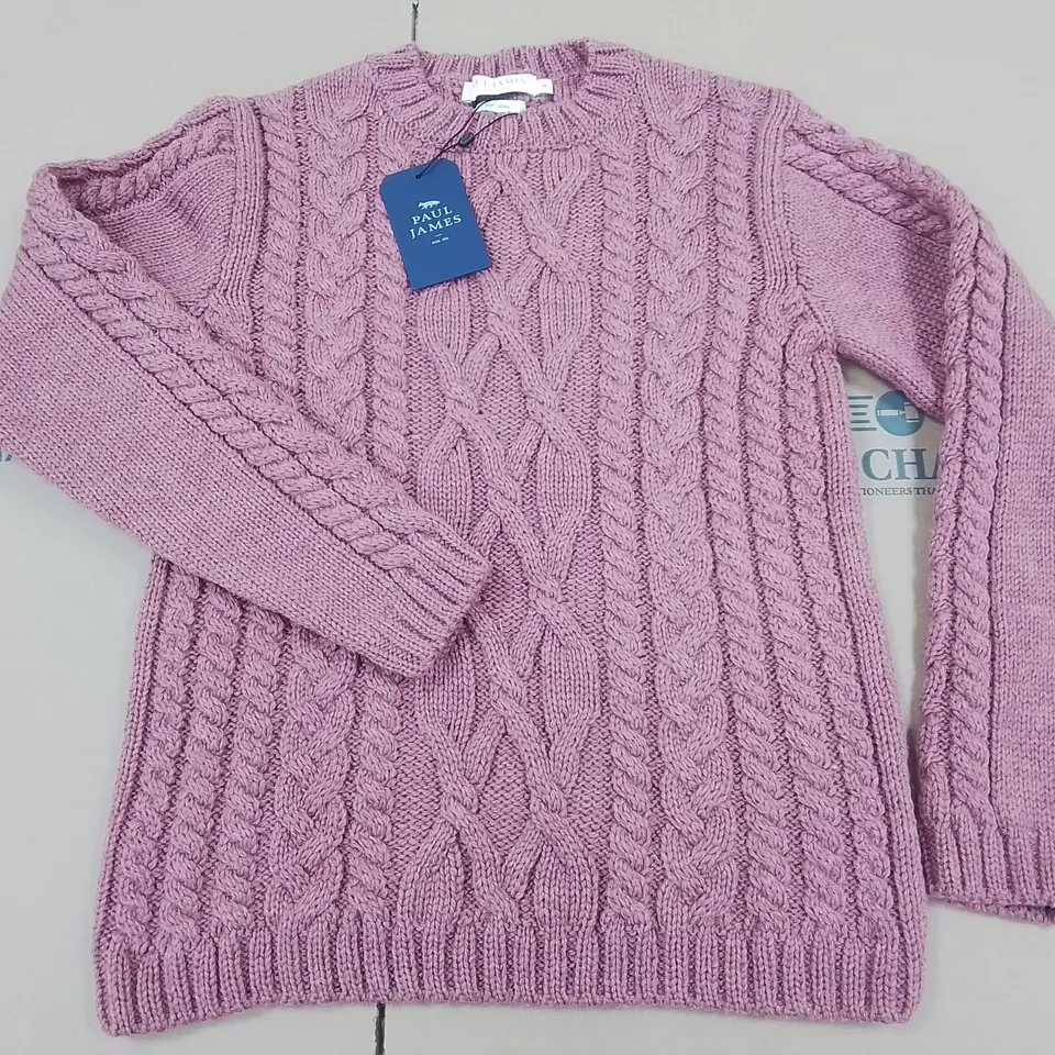 PAUL JAMES 100% MERINO CABLE KNIT JUMPER IN DUSTY PINK - M