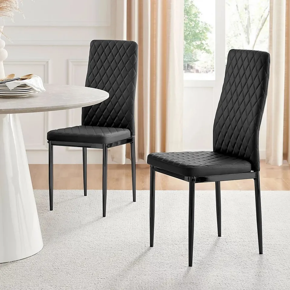 BOXED SET OF 4 HATCHED FAUX LEATHER SLEEK MODERN METAL LEG LUXURY DINING CHAIRS - BLACK (1 BOX)