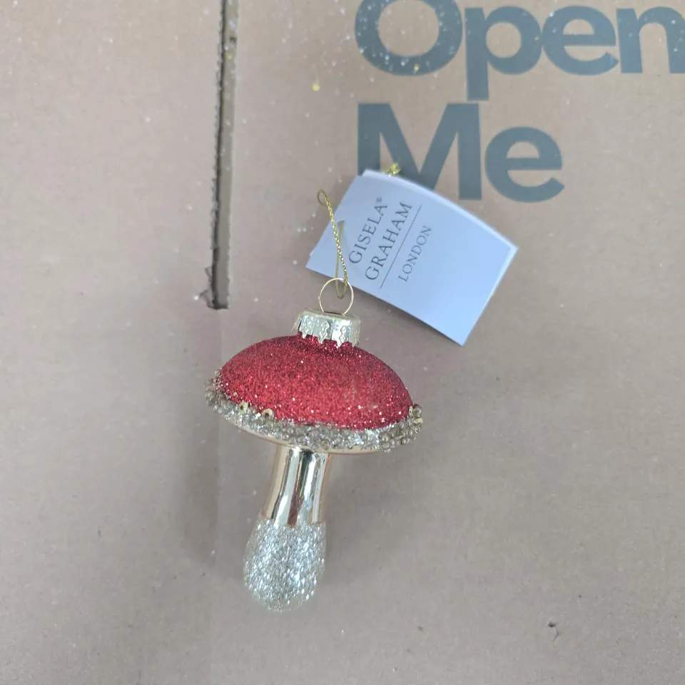 BOX OF 12 GISELA GRAHAM RED AND GOLD GLITTER HANGING TREE ORNAMENTS