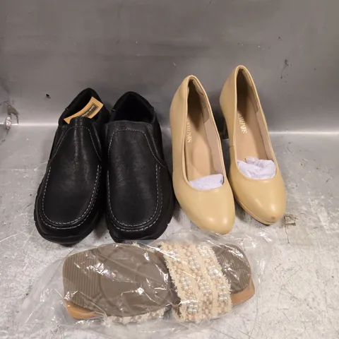 APPROXIMATELY 15 PAIRS OF ASSORTED UNBOXED SHOES TO INCLUDE - FLIP FLOPS - SLIPPERS - TRAINERS ETC