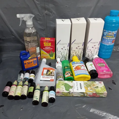 TOTE OF APPROXIMATELY 15 ASSORTED HOUSEHOLD ITEMS TOO INCLUDE BUBBLE SOLUTION, SBK TOUGH WEEDKILLER, AND SILICONE TREADMILL OIL ETC.