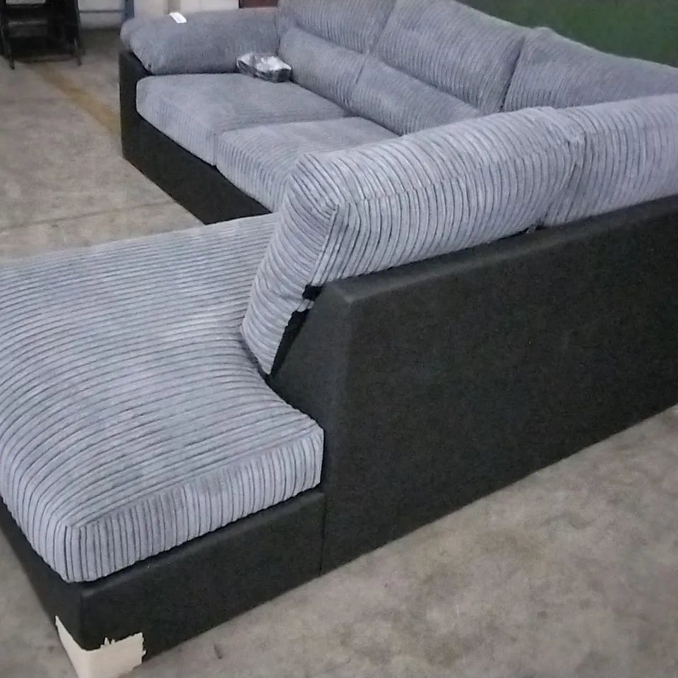 DESIGNER GREY CORDED FABRIC AND BLACK SUEDE EFFECT CORNER SOFA