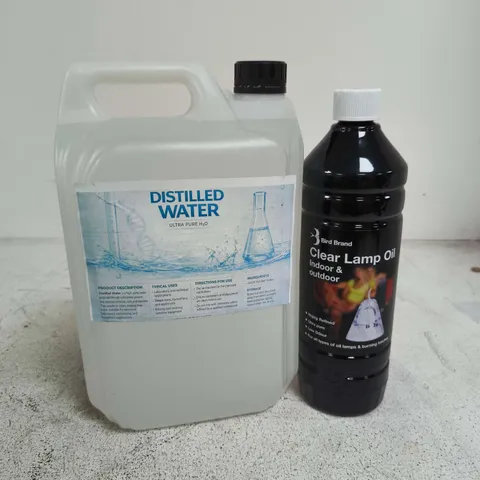5 ASSORTED HOUSEHOLD PRODUCTS TO INCLUDE LAMP OIL, DISTILLED WATER ETC
