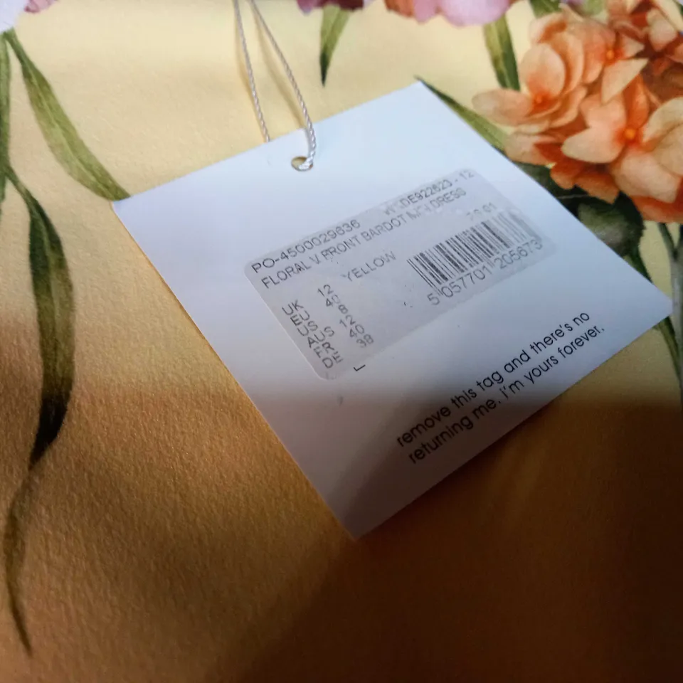 MISSGUIDED YELLOW FLORAL PRINT V FRONT BARDOT MIDI DRESS - SIZE 12