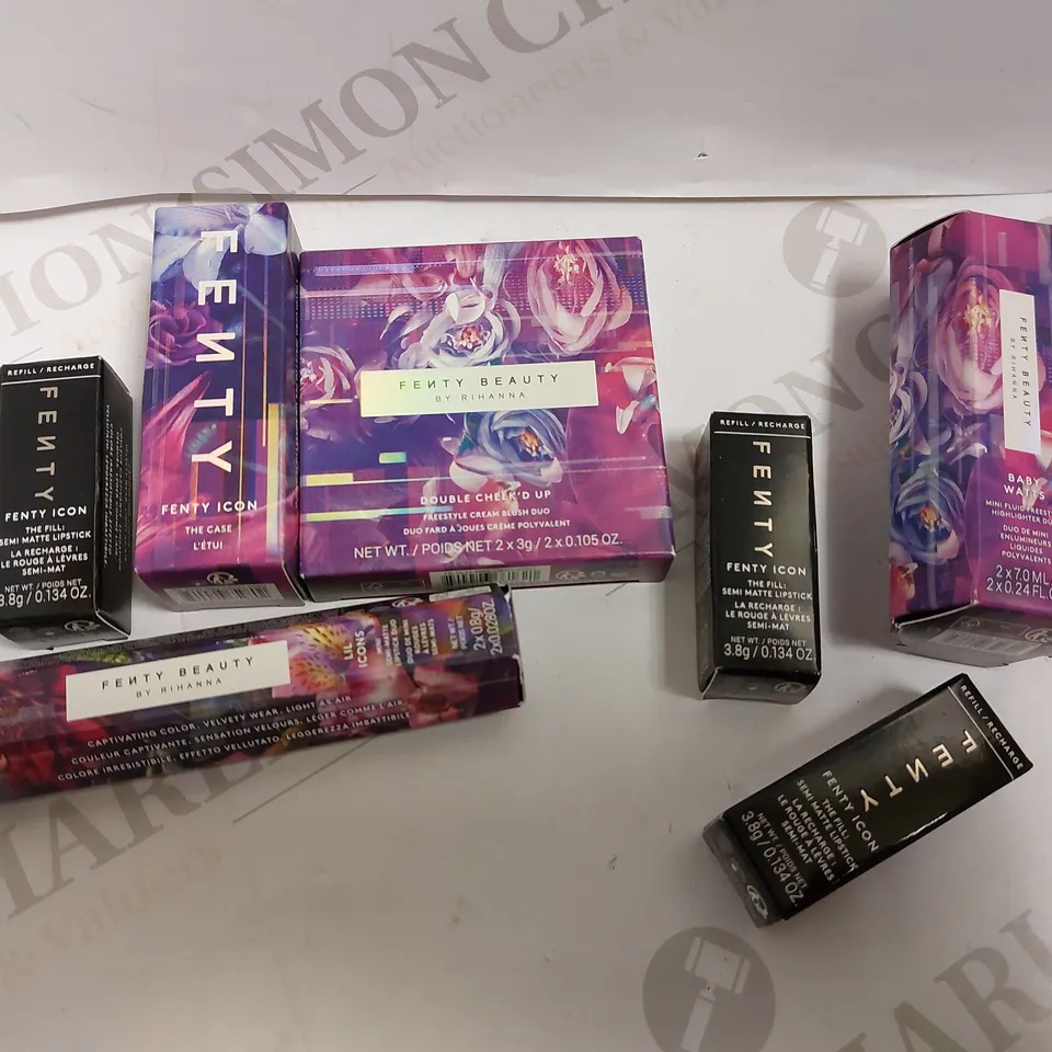 BOX OF APPROX 5 FENTY BEAUTY ITEMS TO INCLUDE LIL ICONS MATTE LIPSTICK, DOUBLE CHEEK`D UP, MINI FLUID FREESTYLE HIGHLIGHTER