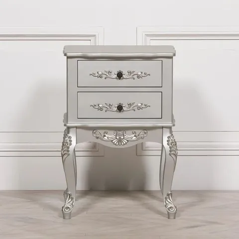 BOXED FRENCH STYLE BEDSIDE TABLE - ANTIQUE SILVER - 2 DRAWER