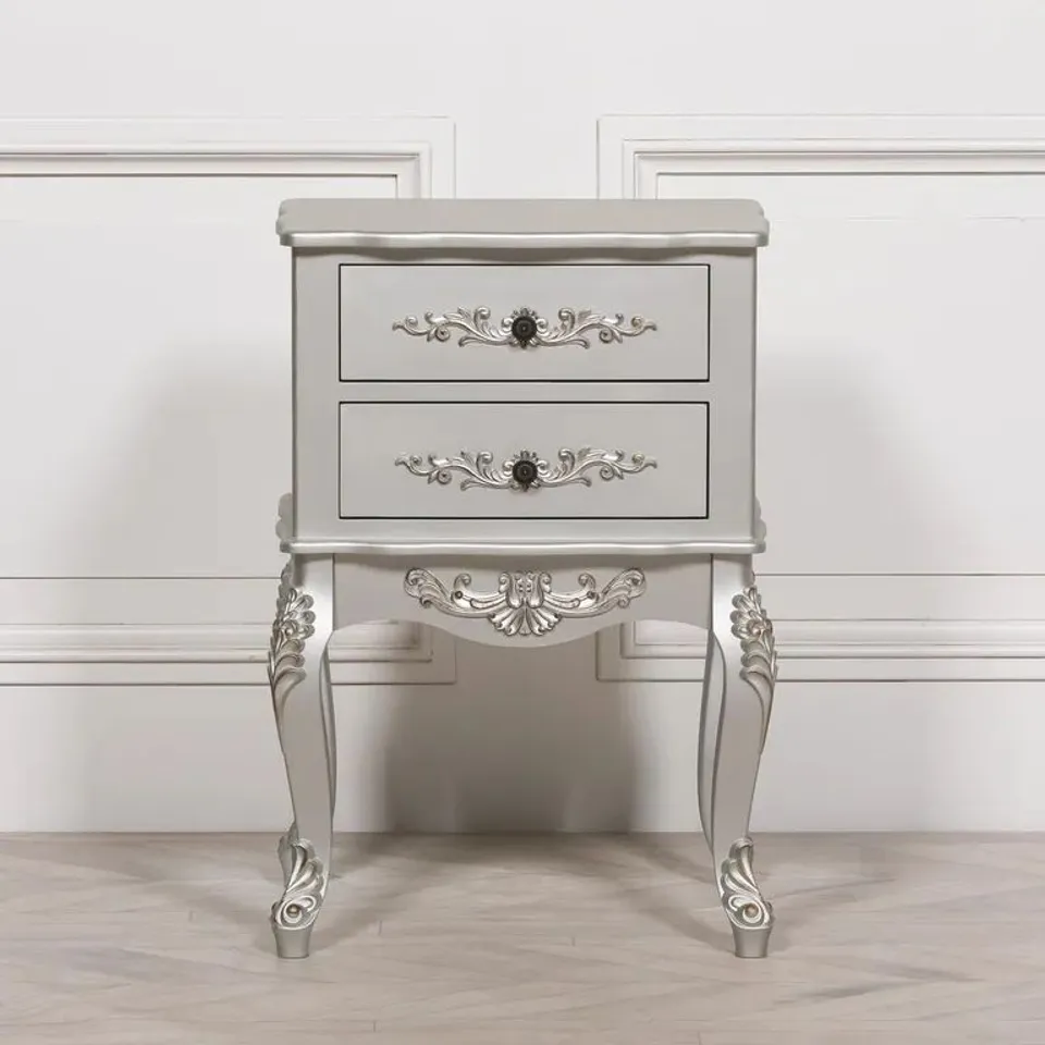 BOXED FRENCH STYLE BEDSIDE TABLE - ANTIQUE SILVER - 2 DRAWER