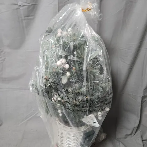 ARTIFICIAL FROSTED PINE ARRANGEMENT IN WHITE WICKER BASKET