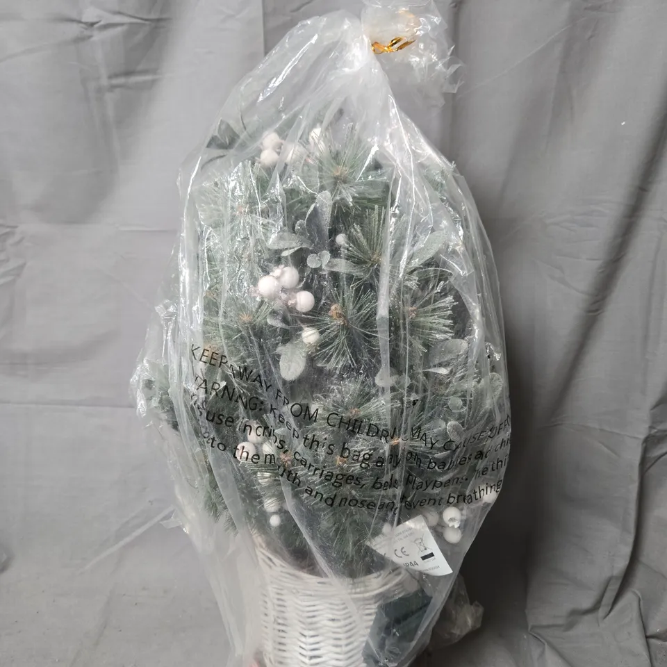 ARTIFICIAL FROSTED PINE ARRANGEMENT IN WHITE WICKER BASKET