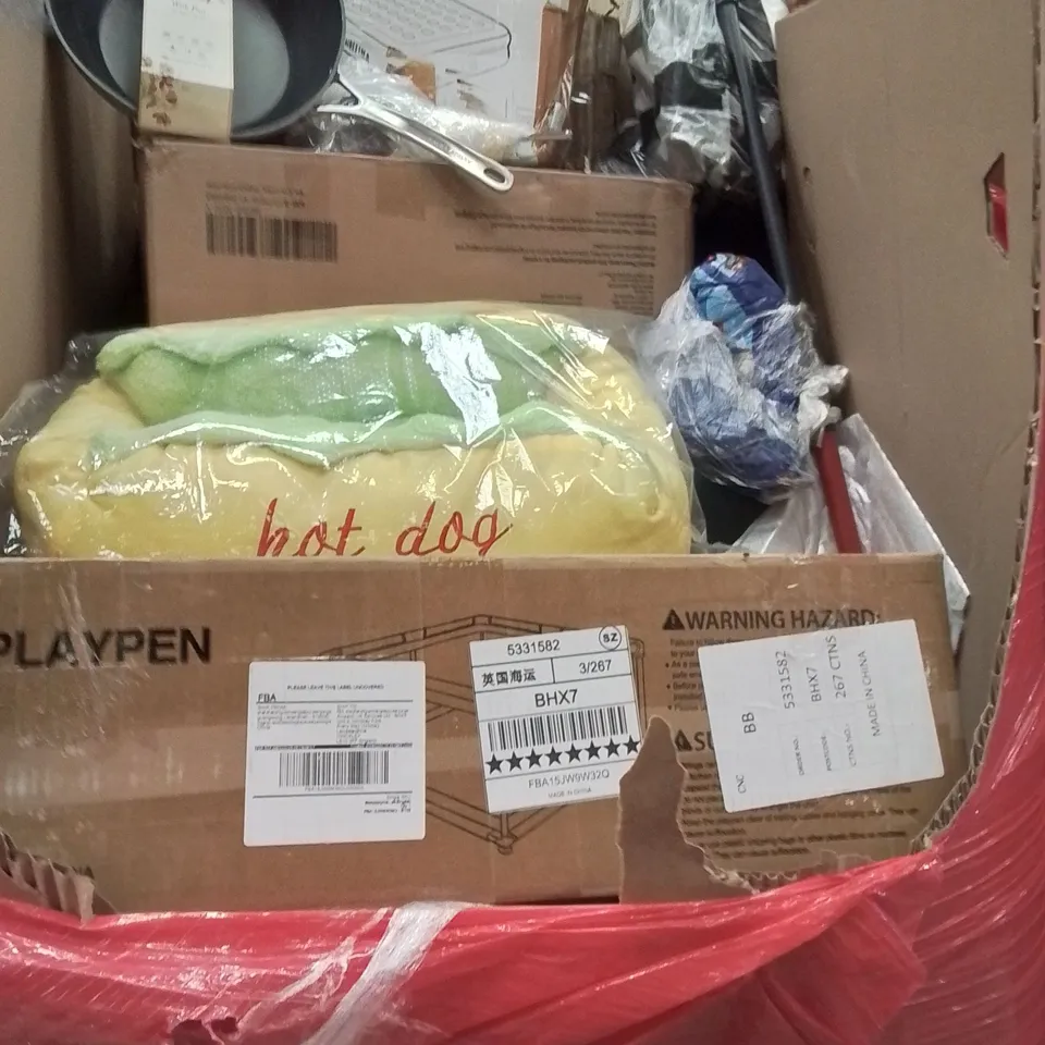 PALLET CONTAINING VARIOUS ASSORTED BOXED HOUSEHOLD ITEMS TO INCLUDE: COFFIE TABLE,WOK PAN, PLAYPEN,PETBEDAND LOTS MORE UNMARKED BOXED ITEMS 