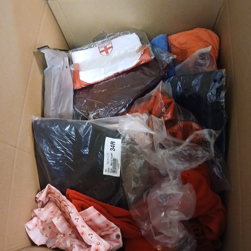 BOX OF APPROXIMATELY 25 ASSORTED CLOTHING ITEMS IN VARIOUS STYLES , COLOURS AND SIZES