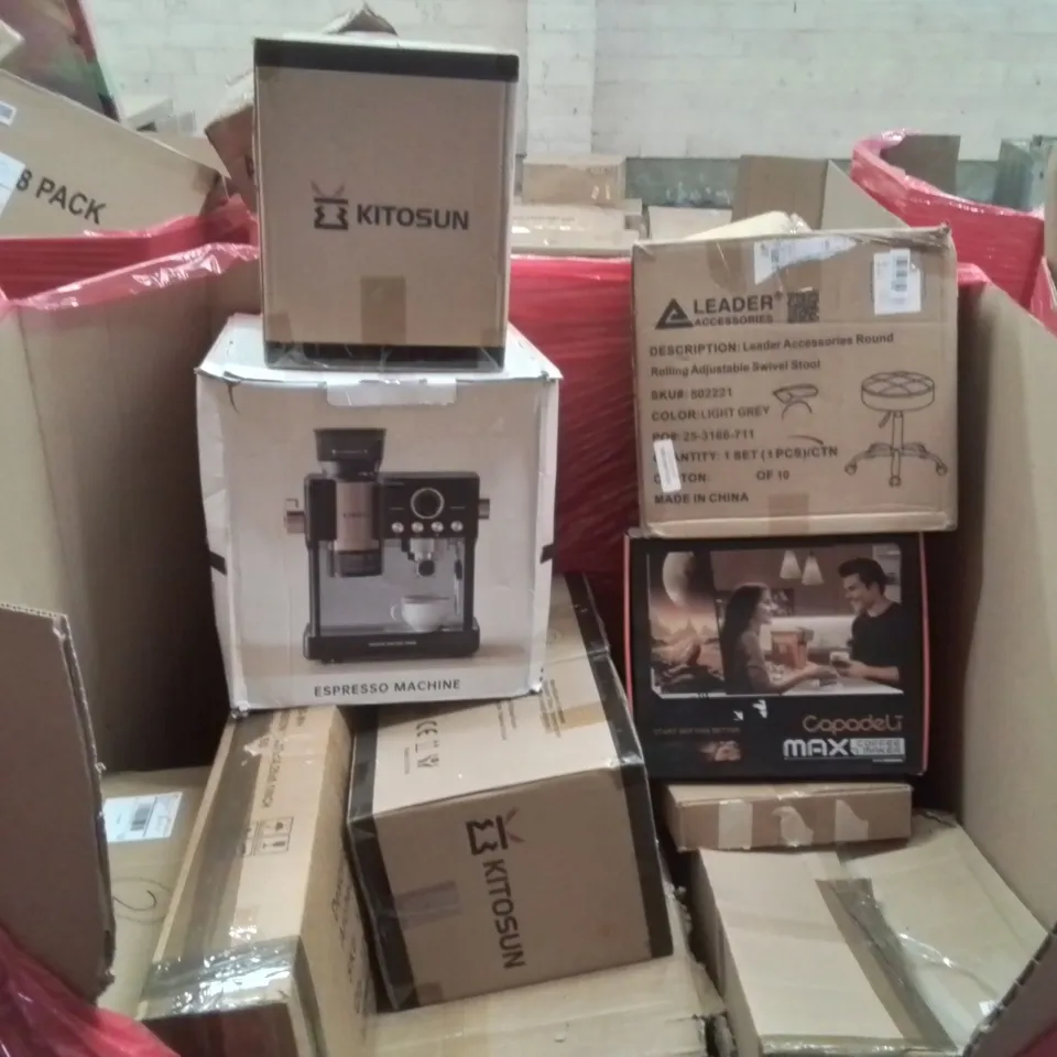 PALLET CONTAINING VARIOUS ASSORTED BOXED HOUSEHOLD ITEMS TO INCLUDE: TRILOGY OXID 8 BALL SHISHA SETS, ESPRESSO MACHINES, BUG ZAPPER AND LOTS MORE UNMARKED BOXED ITEMS 