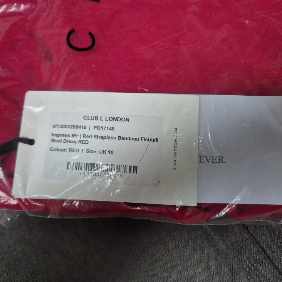 CLUB L LONDON RED STRAPLESS BANDEAU FISHTAIL MAXI DRESS – UK 10