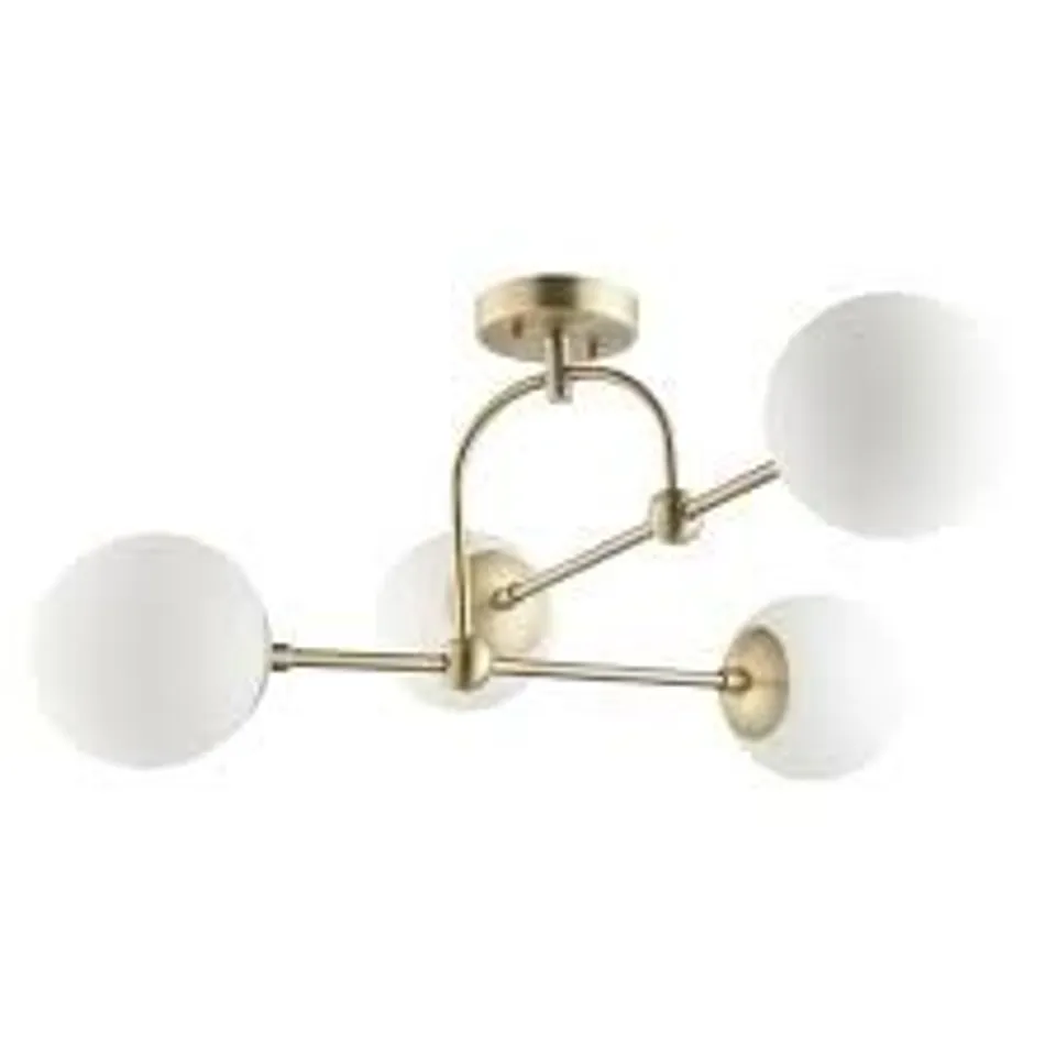 BOXED ENDON 4 LIGHT SEMI FLUSH CEILING LIGHT MATT ANTIQUE BRASS PLATE & OPAL GLASS