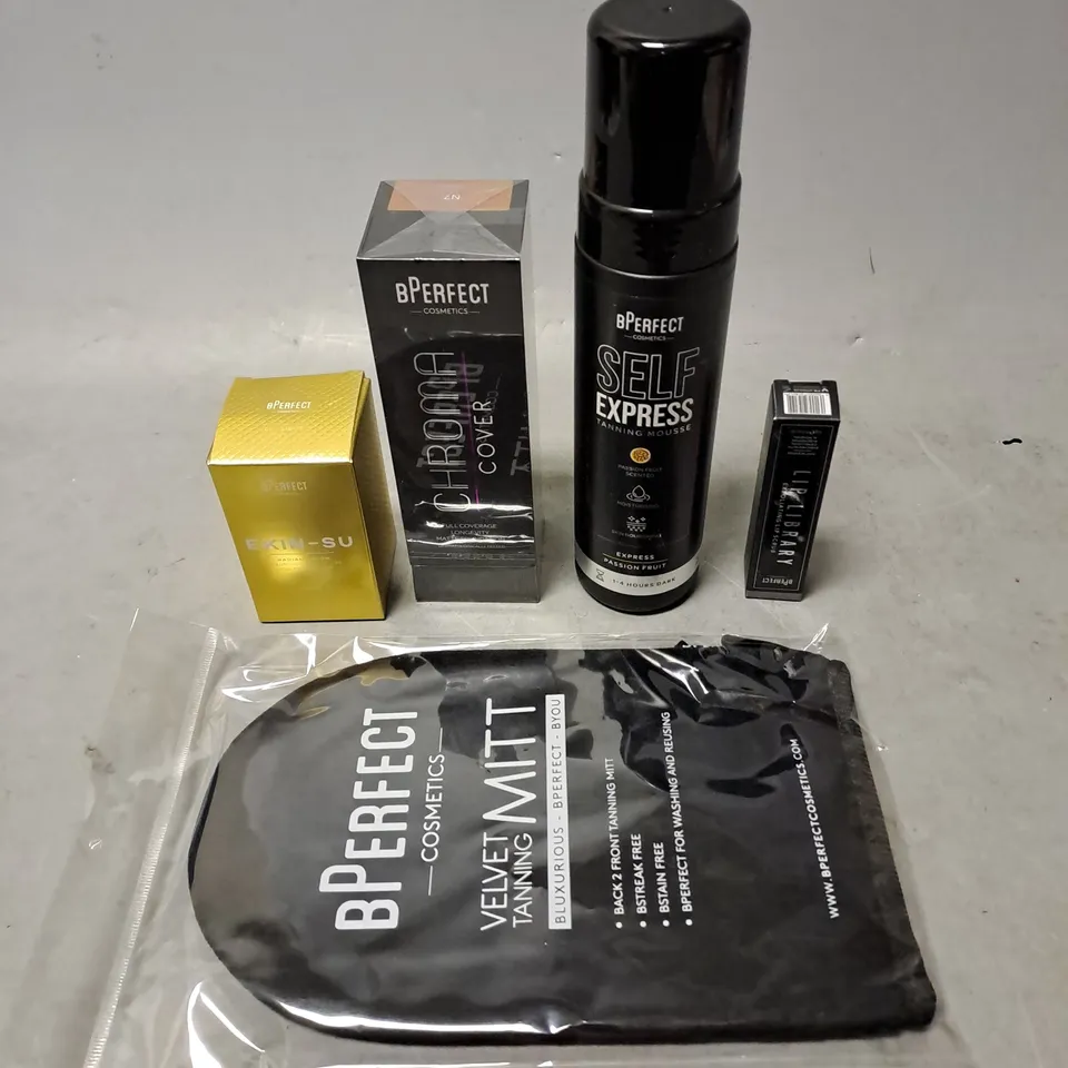 BPERFECT LOT OF 5 ASSORTED COSMETIC PRODUCTS TO INCLUDE - SELF EXPRESS TANNING MIST PASSION FRUIT - LIP LIBRARY LIP SCRUB - VELVET TANNING MITT - ETC