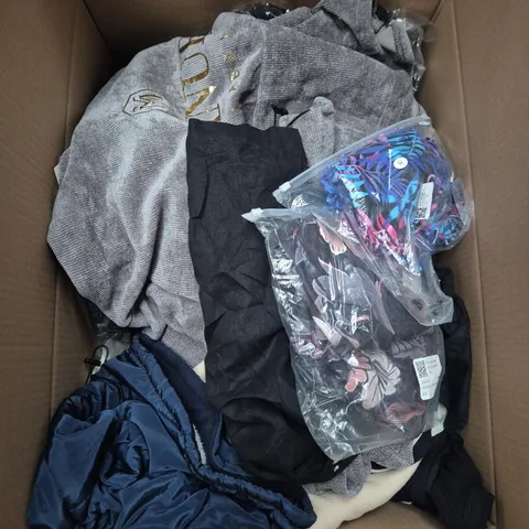 LARGE BOX OF APPROXIMATELY 25 ASSORTED CLOTHING ITEMS IN VARIOUS COLOURS, STYLES AND SIZES - COLLECTION ONLY