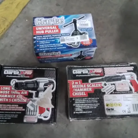 BOX OF ASSORTED ITEMS TO INCLUDE;CLARKE LONG NOSE AIR HAMMER KIT,CLARKE UNIVERSAL HUB PULLER,CLARKE,2IN1 NEEDLE SCALER