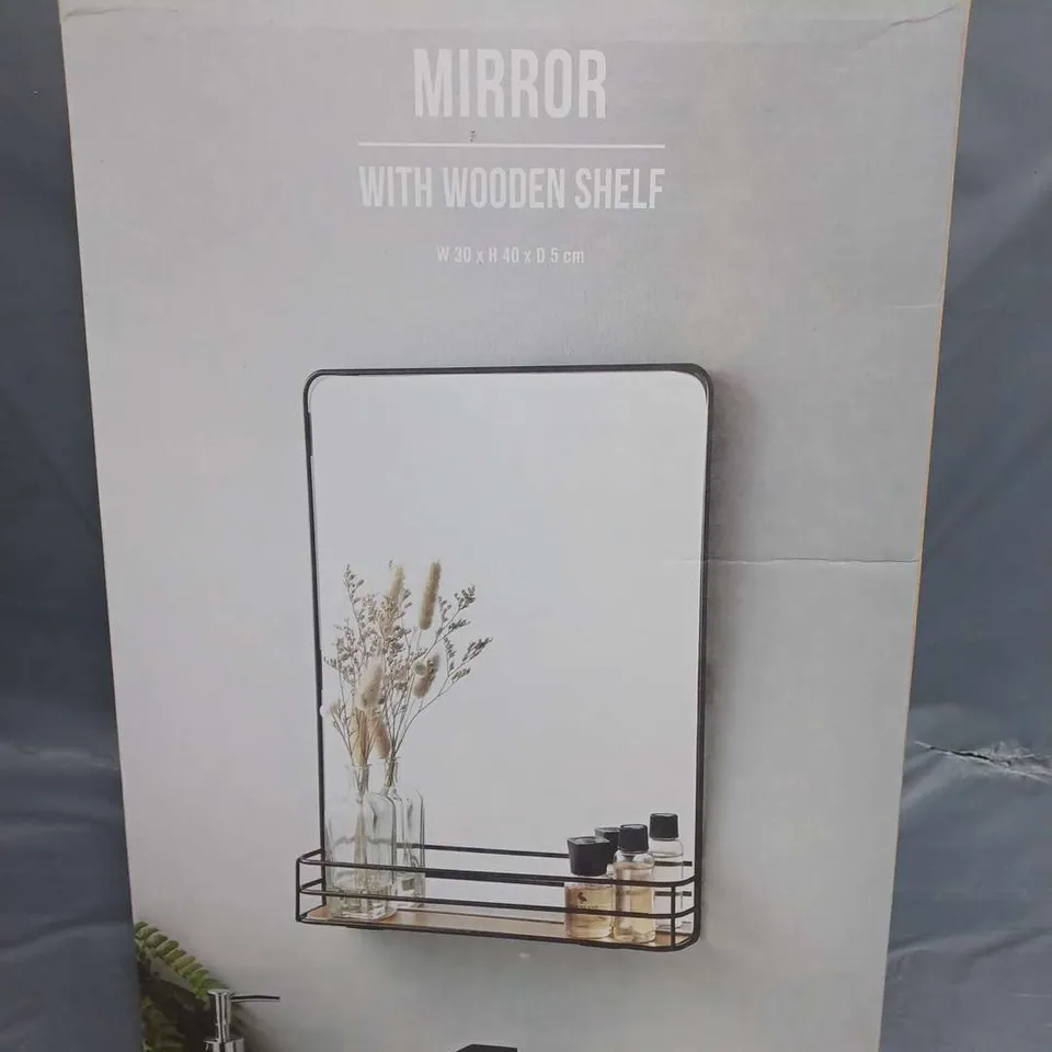 BOXED MIRROR WITH WOODEN SHELF 