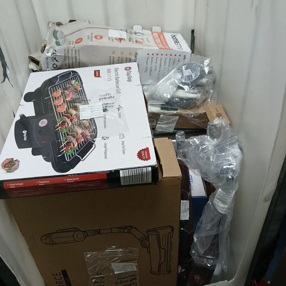 LOT OF HOUSEHOLD ITEMS: SALTER IRONING BOARD, BEAUTECH LED FACE MASK, ELECTRIC GRILL & VACUUM CLEANER BOX . A CAGE OF HOUSE HOLD AND GARDEN ITEMS DAMGED SPARES AND REPAIRS .