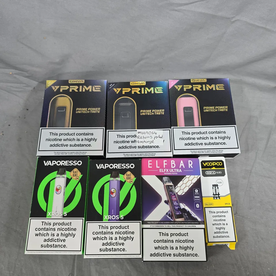APPROXIMATELY 15 ASSORTED E-CIG PRODUCTS AND ACCESSORIES TO INCLUDE VAPORESSO, ELFBAR, VOOPOO ETC 