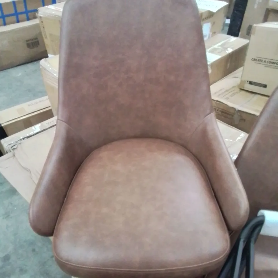 BOXED PAIR OF BROWN FAUX LEATHER DINING CHAIRS (ONLY ONE SET OF LEGS)