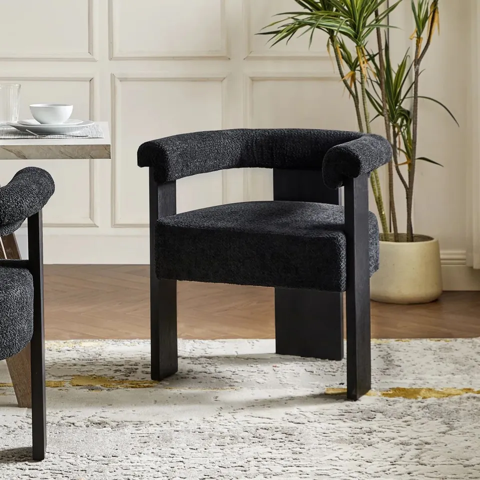 BOXED BRYLA MODERN BOUCLE DINING CHAIR WITH SOLID WOOD LEGS - BLACK (1 BOX)