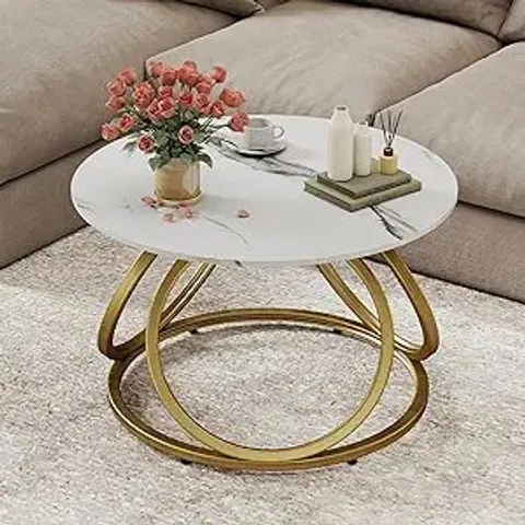 BOXED O&K FURNITURE ROUND COFFEE TABLE, FAUX MARBLE TOP WITH VEINS, MODERN CENTER TABLE WITH GOLD METAL FRAME, FOR LIVING ROOM, HOME OFFICE, 1 PC
