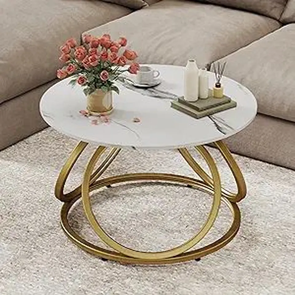 BOXED O&K FURNITURE ROUND COFFEE TABLE, FAUX MARBLE TOP WITH VEINS, MODERN CENTER TABLE WITH GOLD METAL FRAME, FOR LIVING ROOM, HOME OFFICE, 1 PC