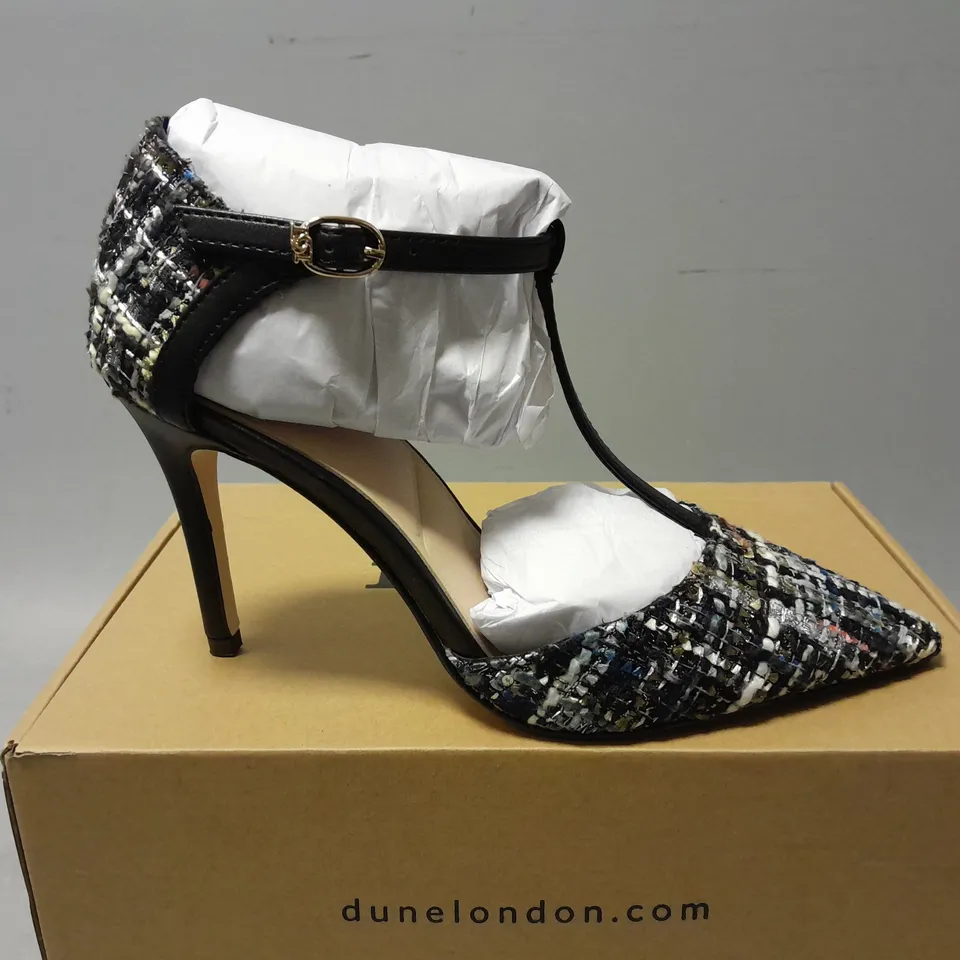 BOXED PAIR OF DUNE LONDON T-STRAP PUMPS CASTA - MULTI - SIZE 38