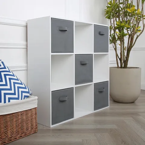 BOXED JANE 3X3 BOOKCASE WITH 5 BASKETS - WHITE, GREY BASKET (1 BOX)