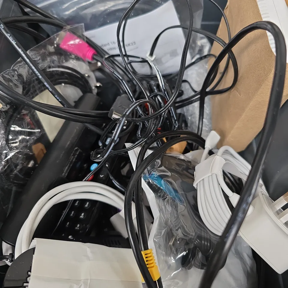 BOX OF ASSORTED CABLES AND REMOTES 