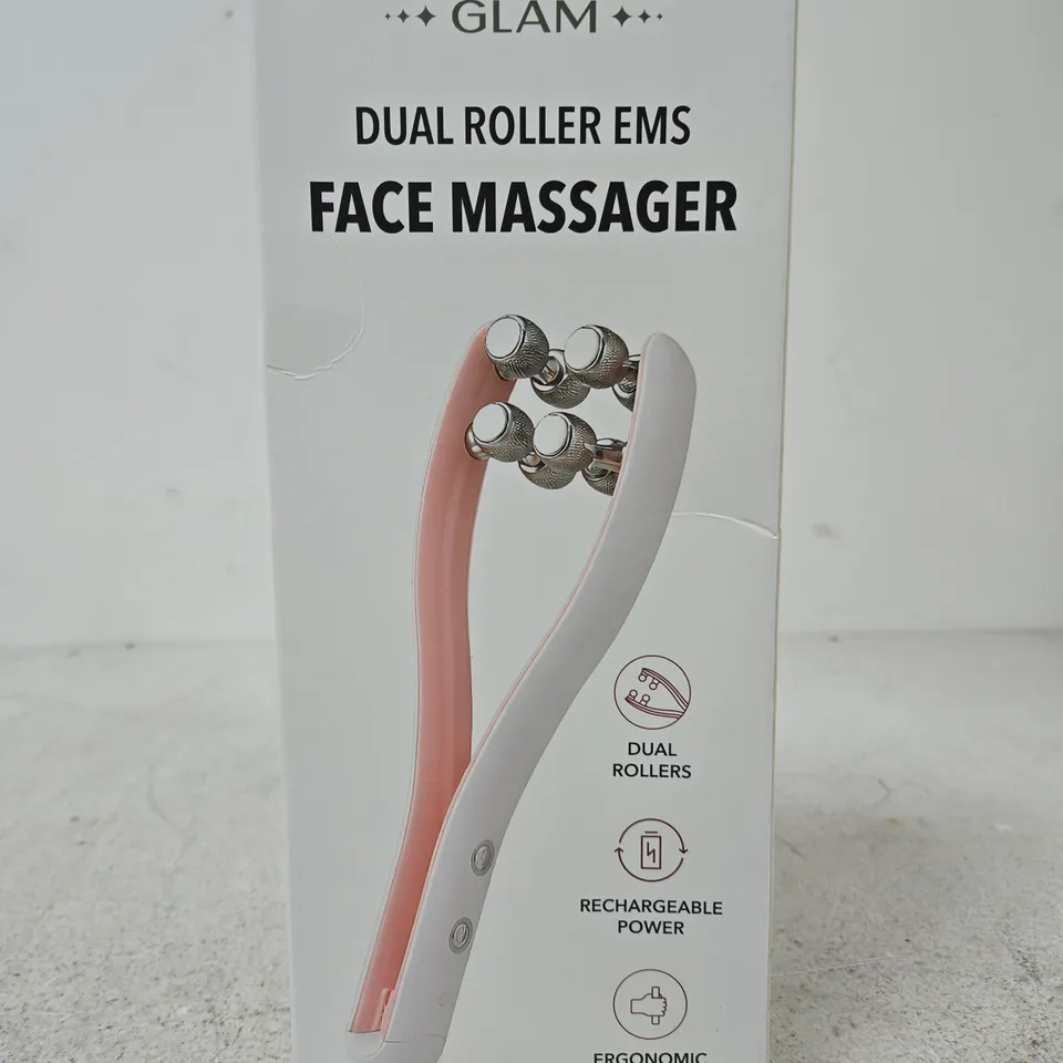 LIVMORE GLAM DUAL ROLLER EMS FACE MASSAGER – RECHARGEABLE, BOXED