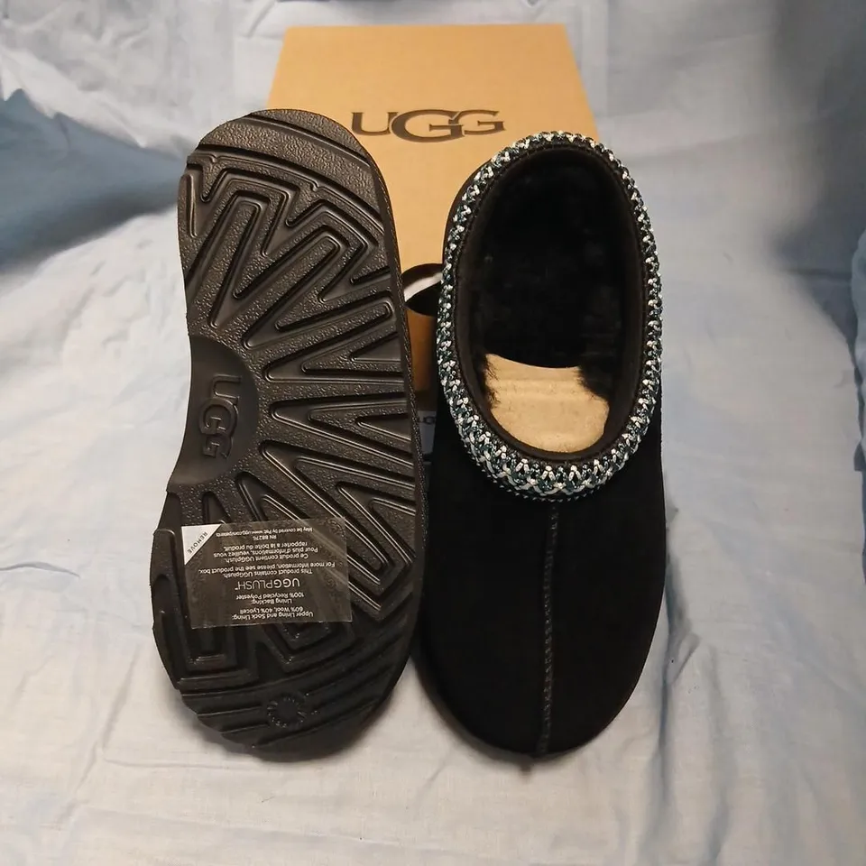 UGG TASMAN SLIPPERS – BLACK SUEDE WITH SILVER CHAIN TRIM, UK KIDS 12