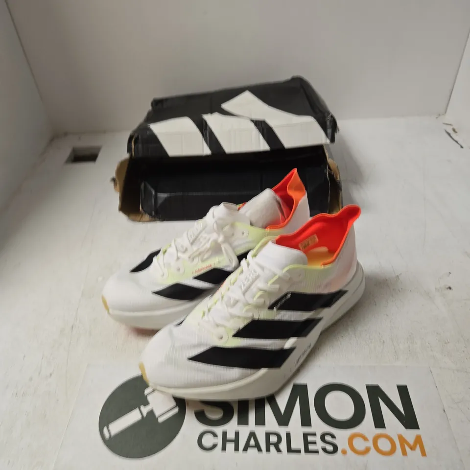 ADIDAS RUNNING SHOES – WHITE WITH BLACK THREE-STRIPES, NEON ORANGE INTERIOR (UK 10)