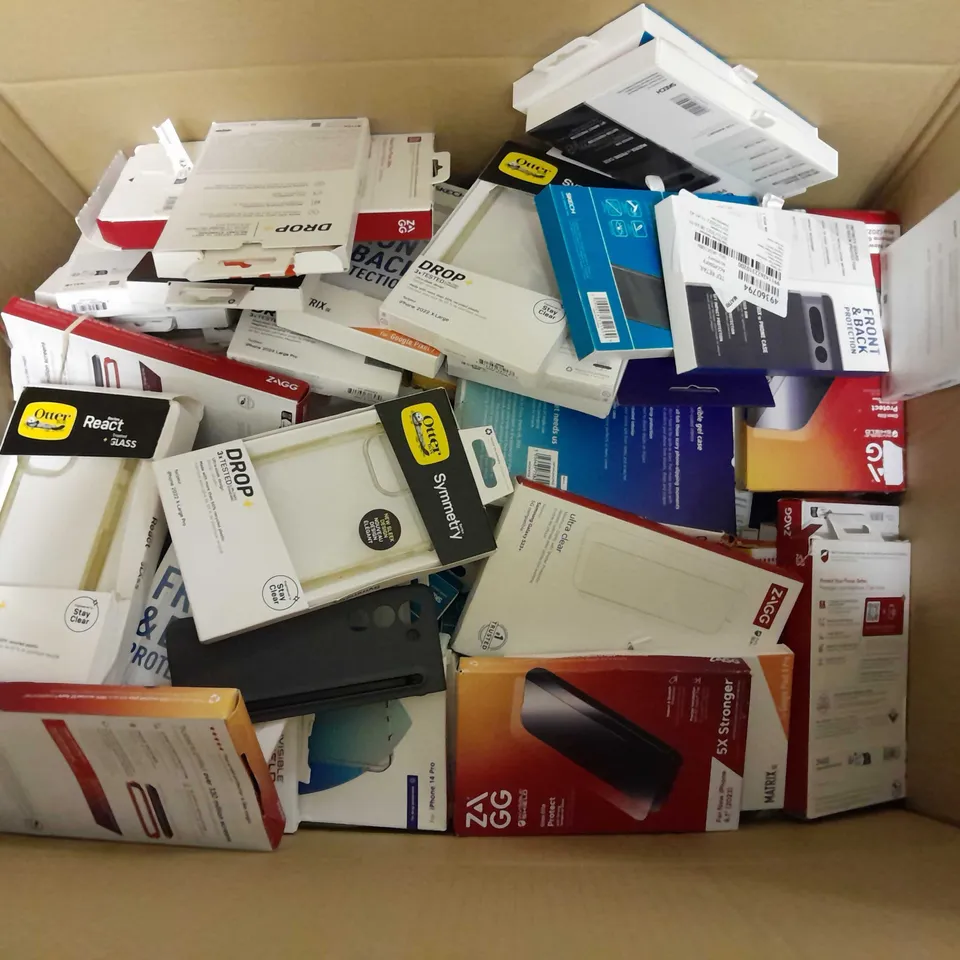 LARGE BOX OF APPROX 100 ASSORTED PHONE CASES AND SCREEN PROTECTORS TO INCLUDE ZAGG FOR IPHONE 6.1", SKECH FOR GALAXY A54 5G, OTTER FOR IPHONE PRO 6.1" ETC