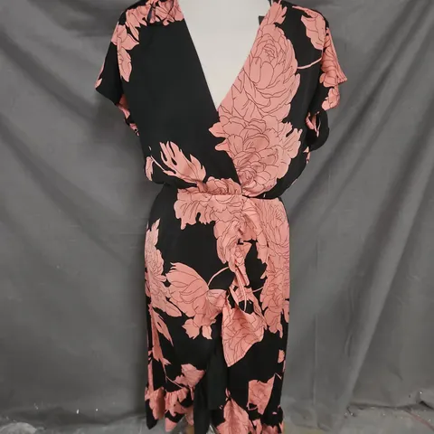 AX PARIS FLORAL PRINT WRAP MIDI DRESS IN BLACK/BLUSH SIZE 12