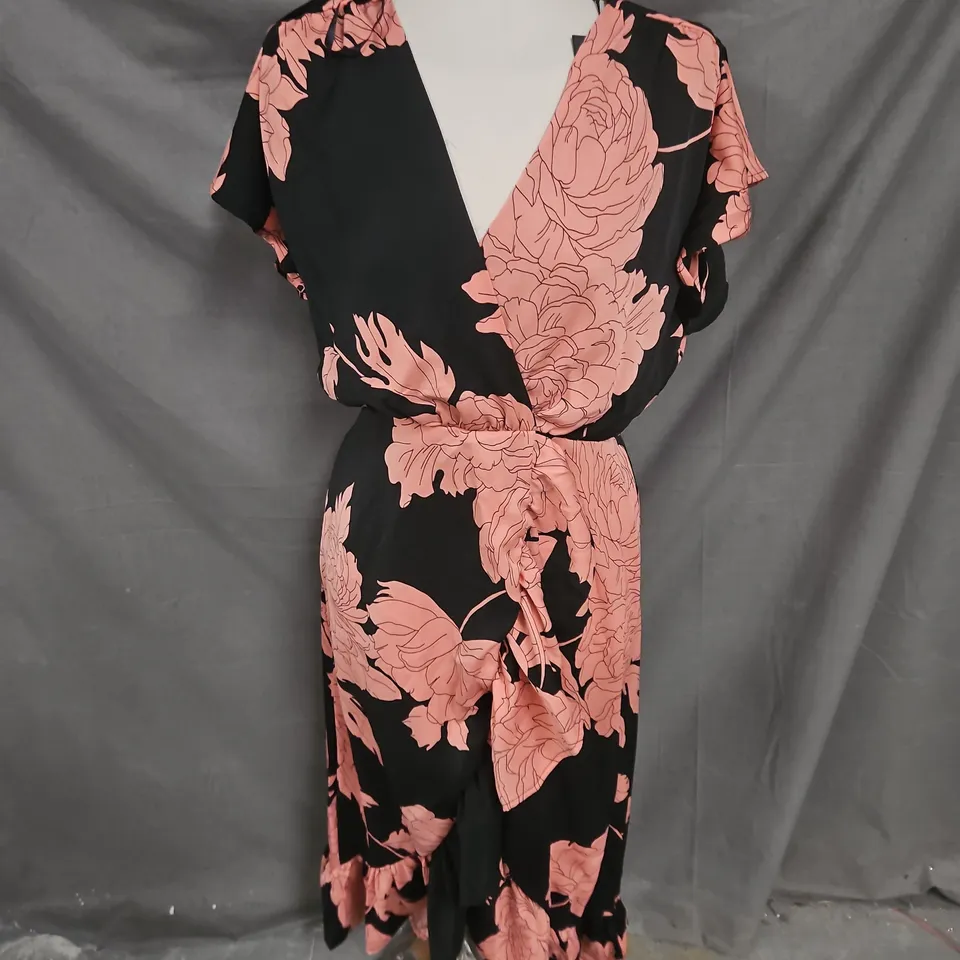 AX PARIS FLORAL PRINT WRAP MIDI DRESS IN BLACK/BLUSH SIZE 12