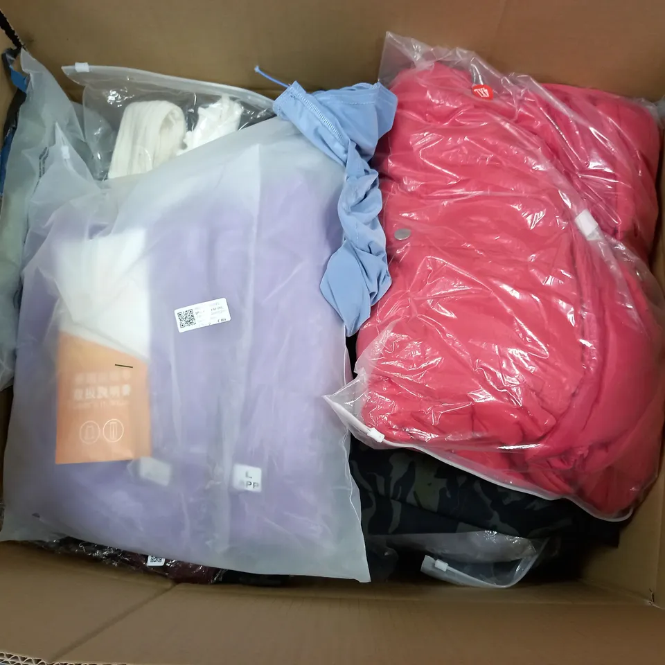 LARGE BOX OF ASSORTED CLOTHING ITEMS IN VARIOUS COLOURS AND SIZES INCLUDING TROUSERS , TOPS AND JUMPERS 