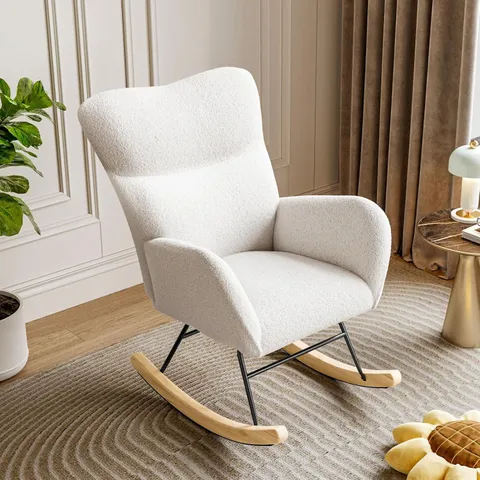 BOXED HADWIN ROCKING CHAIR FOR ADULTS, TEDDY UPHOLSTERED NURSING CHAIR - IVORY WHITE (1 BOX)