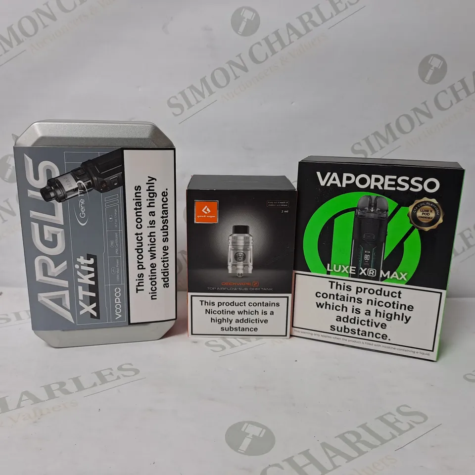 APPROXIMATELY 20 ASSORTED E-CIGARETTE PRODUCTS TO INCLUDE GEEKVAPE Z TOP AIRFLOW SUB-OHM TANK, VAPORESSO LUXE XR MAX, VOOPOO ARGUS XT KIT
