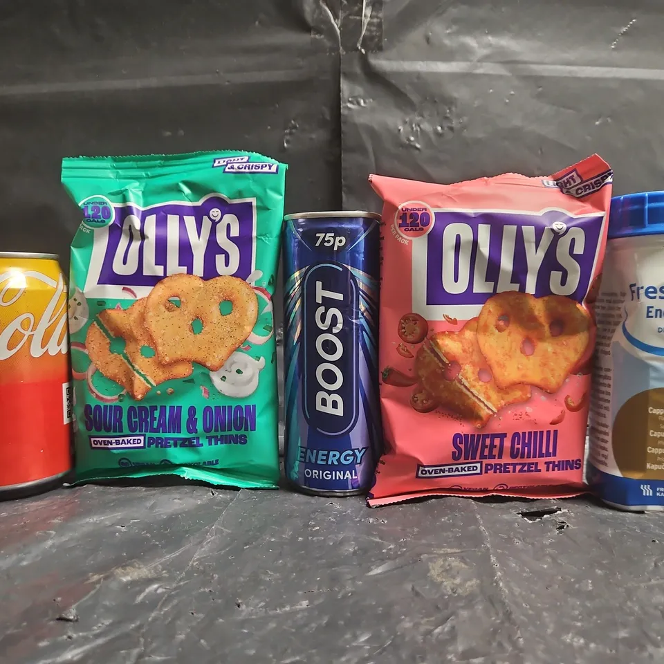 APPROXIMATELY 15 ASSORTED FOOD AND DRINK ITEMS TO INCLUDE BOOST ENERGY DRINK, COCA COLA LEMON, ETC