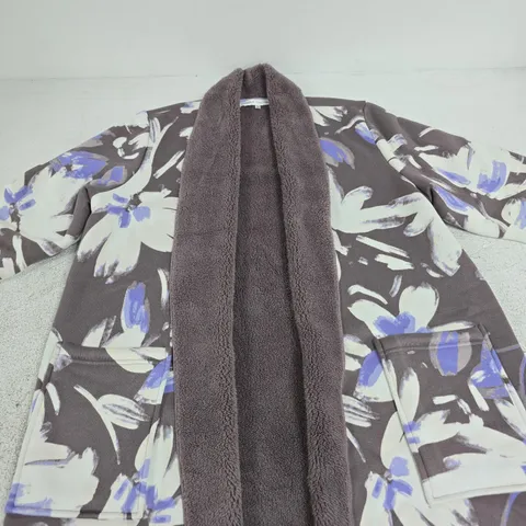 CAROLE HOCHMAN HACCI BONDED SHERPA CARDIGAN – FLORAL GREY, SIZE M