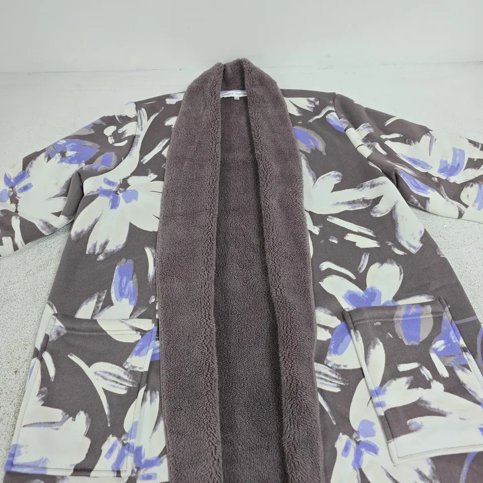 CAROLE HOCHMAN HACCI BONDED SHERPA CARDIGAN – FLORAL GREY, SIZE M 