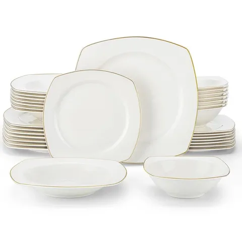 BOXED 32-PIECE WHITE BONE CHINA DINNERWARE SET WITH GOLDEN TRIM (2 BOXES)