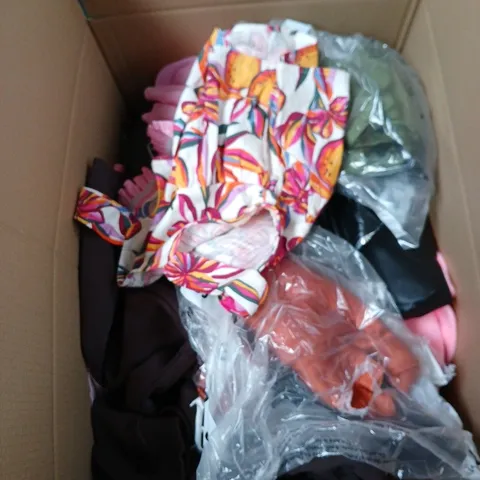 BOX OF APPROXIMATELY 25 ASSORTED CLOTHING ITEMS IN VARIOUS STYLES , COLOURS AND SIZES